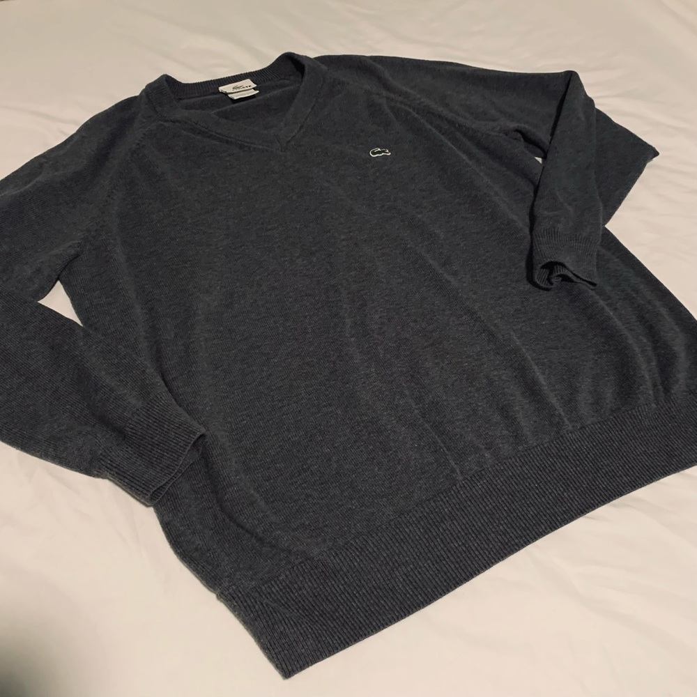 LACOSTE 100% cotton v-neck sweater charcoal gray sz 7 fits men’s Large